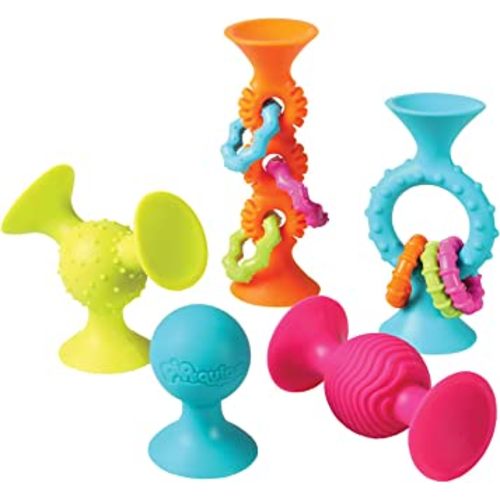 Fat Brain Toys PipSquigz Combo Set - 2 PipSquigz Loops, 3 Rattling Pip Squigz, Zippered Storage Case -BPA-Free Silicone Fidget Toys for Girls and Boys