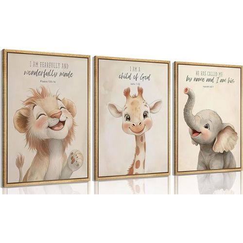 3Pcs Framed Bible Verses Christian Nursery Safari Animals Wall Art Child of God Cute Animals Picture Wall Decor Lion Giraffe Elephant Poster Print Artwork for Kids Boys Girls Room Home Decoration