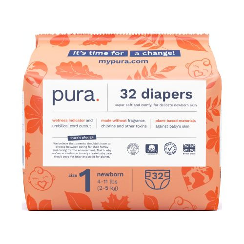 Pura Sensitive Soft Sustainable Baby Diapers Size 1, 32 Count (Choose Your Size and Count)