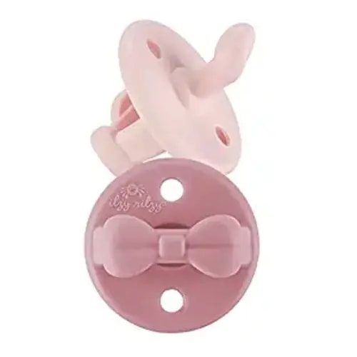 Itzy Ritzy Sweetie Soother Silicone Orthodontic Pacifiers with Collapsible Handle & Two Air Holes for Added Safety, Set of 2 in Ballet Slipper & Primrose for Ages 0-6 Months