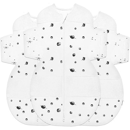 Happiest Baby SNOO Sleep Sack - 100% Organic Cotton Baby Swaddle Blanket - Doctor Designed Promotes Healthy Hip Development - 3-Pack Bundle (Ivory Planets, S, M, L)