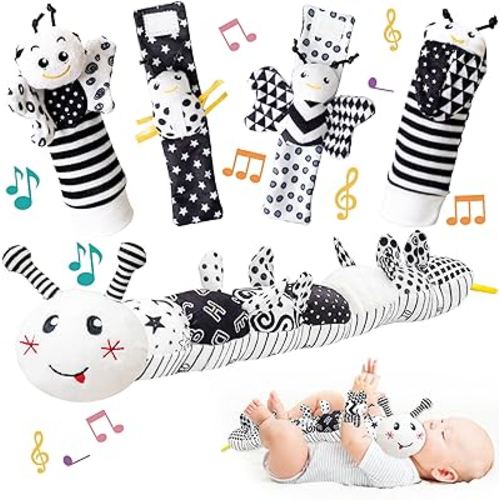 Infant Baby Musical Caterpillar Stuffed Animal Toy & Wrist Rattle Sock,Multi-Sensory Textures,Crinkle,with Ruler and Ring Bel,Educational Development Newborn Tummy Time Toys for 0-12 Month Babies