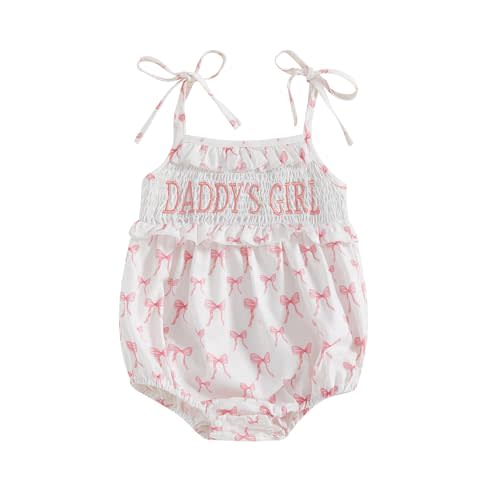 Ursobutegl Newborn Baby Girl Romper Bow Embroidery Letter Sleeveless Spaghetti Strap Pleated Jumpsuit Bodysuit Summer Clothes