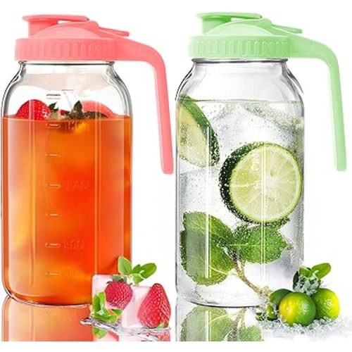 2 Pack Glass Mason Jar Pitcher - 64 oz/2 Quart Wide Mouth Jug with Lid and Pour Spout, Airtight Seal, Leak Proof Iced Tea Pitcher for Sun Tea, Juice, Breast Milk, Cold Beverages, Coffe