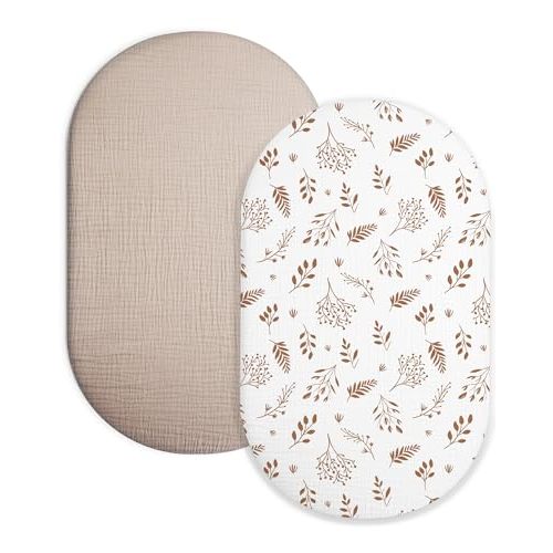 Bassinet Sheet for Baby Boy and Girl 2 Pack, Fitted Sheets for Rectangle, Oval, Hourglass Bassinet Mattress, Muslin Moses Basket Sheets with Neutral Style(Autumn Leaves & Beige)