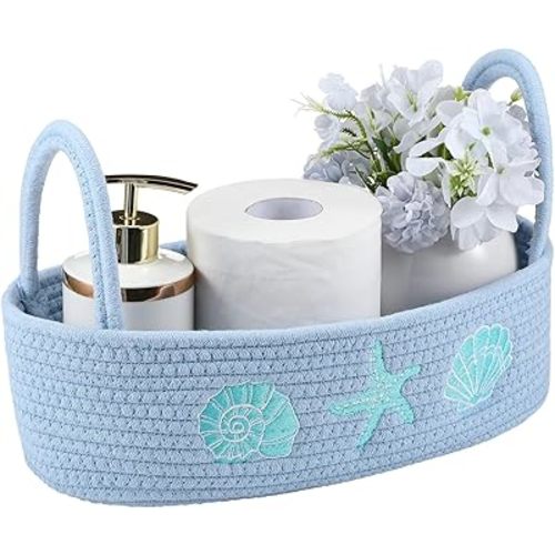 Vesici Ocean Woven Toilet Paper Basket Boho Coastal Cotton Rope Bathroom Countertop Organizer with Starfish Seashell Blue Bathroom Storage Decor for Toilet Closet Nursery Organizing, 13 x 6 x 4 Inch