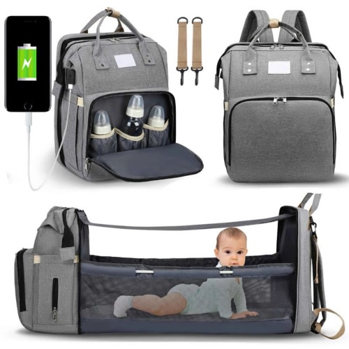 Diaper Bag Backpack with Changing Station Portable Baby Bag Foldable Baby Bed Back Pack Travel Waterproof Large Travel Bag, Stroller Straps, Insulated Pockets, Gift for Mom Dad (Grey)