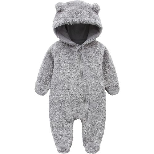 Baby Furry Jumpsuit Infant Bear Onesies Zipper Long Sleeve One-Piece Romper Hoodie Baby Outwear Snowsuit