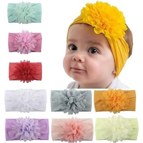 Baby Girls Nylon Headbands 9Pcs, Chiffon Flowers Newborn Infant Toddler Hairbands and Child Hair Accessories (Multicolored-9PCS)
