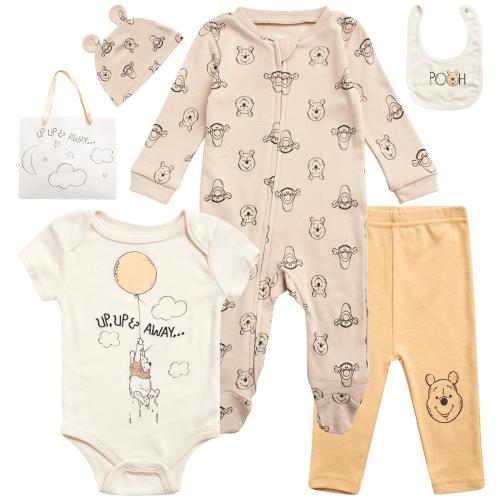 Disney Newborn Baby Layette Set - 6 Piece Disney Bodysuit Coveralls Sweatpants, Hat, Gift Bag (0-6M)