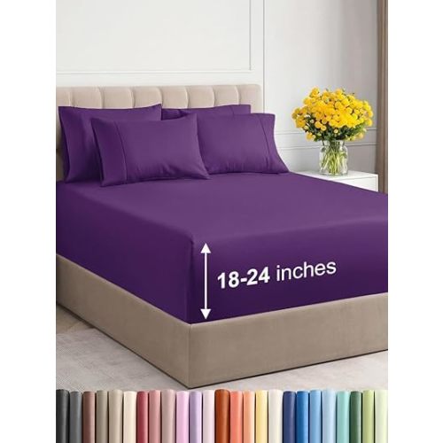 Extra Deep Queen Sheet Set - 6 Piece Breathable & Cooling Sheets - Hotel Luxury Bed Sheets Set - Easy & Secure Fit - Soft, Wrinkle Free & Comfy Sheets Set - Purple Sheet Set with Extra Deep Pockets