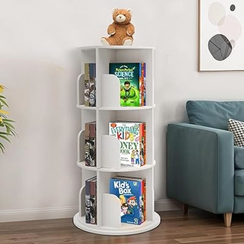 Rotating Kids Bookshelf – 3-Tier 360° Spinning Bookcase Tower, Solid Pine Wood, 12 Cubbies, Toddler Bookshelf Organizer & Lazy-Susan Storage for Nursery, Classroom or Playroom (White Finish)