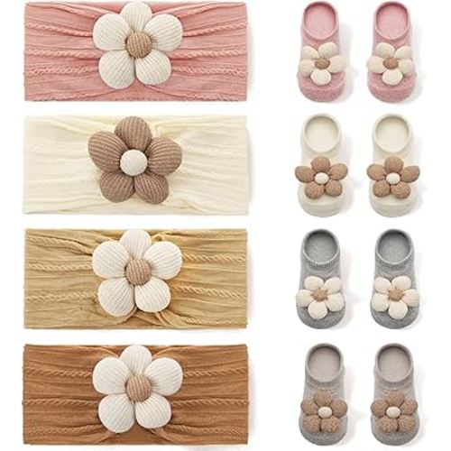 4 Pack Baby Girl Flower Headbands and Socks, Cute Floral Non-Slip Grippy Socks Soft Hairbands Hair Accessories for Newborn Infant Toddler