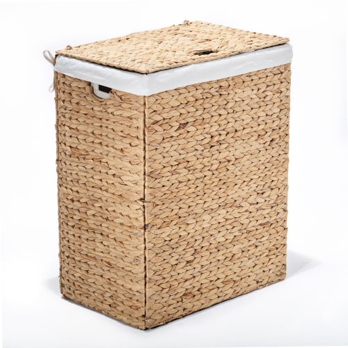 Seville Classics Lidded Foldable Water Hyacinth Laundry Basket with Washable Liner, Brown