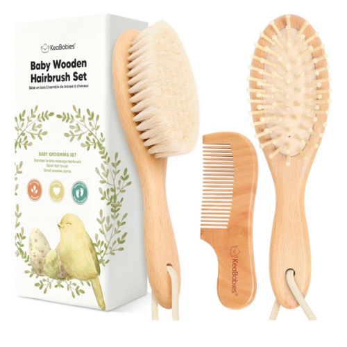 Baby Hair Brush and Comb Set for Newborn - Wooden Baby Hair Brush Set with Soft Goat Bristle, Baby Brush Set for Newborns, Baby Brush and Comb Set Girl, Boy, Toddler Cradle Cap Brush (Oval, Walnut)