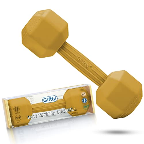 Giftty Baby Dumbbell Toy - Silicone Infant Rattle Teething Toy Teether Toddler Sensory Toy Durable Safe Exercises Workout Weight - Great Gift for Baby Boys & Girls (1pcs - Tangerine)
