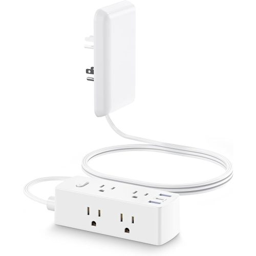 Flat Extension Cord with Outlet Cover, Flat Plug Power Strip with 6 Outlets and 3 USB Ports, 2000 Joules Surge Protector, 5 FT Cord Hidden Outlet Extender for Tight Spaces, White