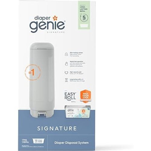 Diaper Genie Signature Pail (Grey) Includes 1 Easy Roll Refill with 18 Bags | Holds Up to 846 Newborn-Sized Diapers Per Refill