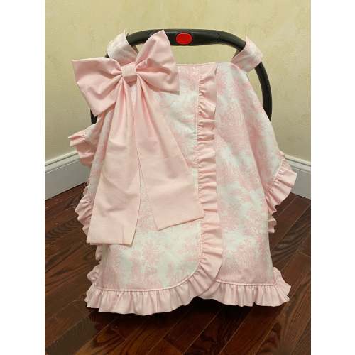 Car Seat Canopy - Pink Toile with Pale Pink Ruffle and Bow - Just Baby Designs