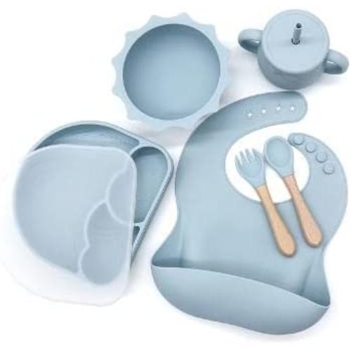 Silicone feeding set by HaloHeart - 8 piece Baby-led weaning dinner wear/ Suction bowl & plate with lids - children's cup and utelsils - BPA free (baby blue) (SD1) - Baby Blue