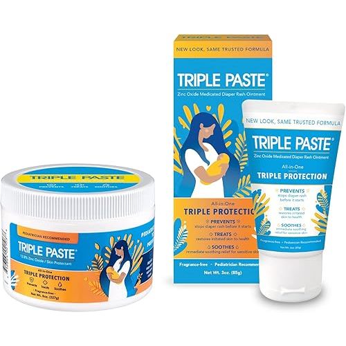 Triple Paste Diaper Rash Cream for Baby - 8 Oz Tub & 3 Oz Tube At Home & On the Go Bundle - Zinc Oxide Ointment Treats, Soothes and Prevents Diaper Rash