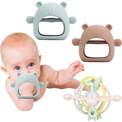 Baby Teething Toys for Babies 0-6,12,18 Months, Qemixly 3 Pack Gift Silicone Baby Teethers for Baby Teething Relief, Anti-Drop Hand Teething Mittens and Rattle Ball(Caramel,Blue,Multi-Blue)