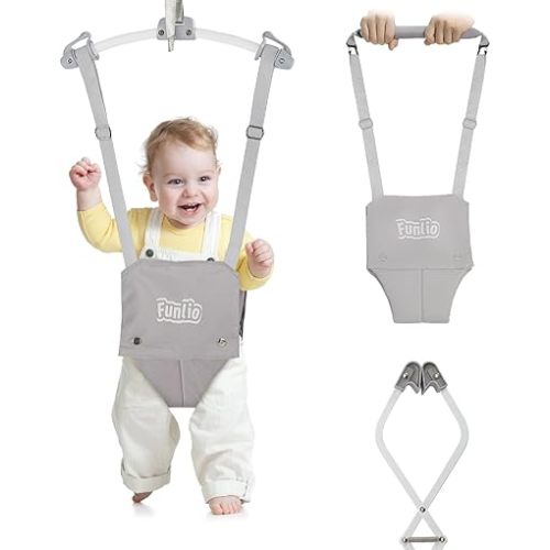 FUNLIO 2 in 1 Baby Door Jumper with Door Clamp, Baby Walking Harness for 6-24 Months, Infant Jumper Doorway with Strong Spring & Adjustable Strap, Easy to Assemble & Store - Grey