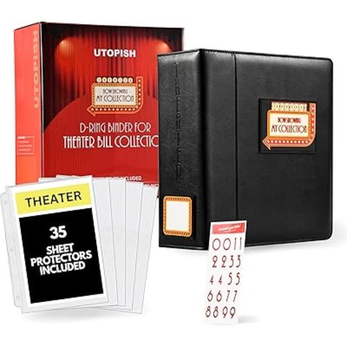 UTOPISH Show-Bill Binder with Sleeves – Large 4” Theater Program Holder with 35 Sheet Protectors and Numbering Stickers Included - Broadway Gift with Full-Color Logo and Numbering Panel