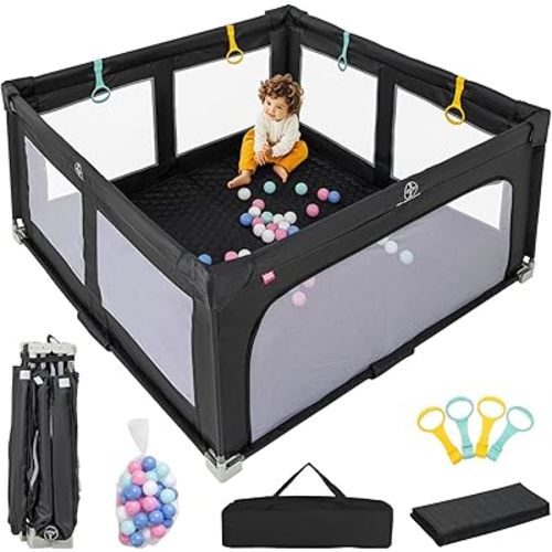 INFANS Foldable Baby Playpen with Mat, 59” x 59” Large Baby Play Yard for Infant with 50 Ocean Balls, 4 Handlers, Carry Bag, Indoor Outdoor Fence Toddler Activity Center (Black, 59” x 59”)