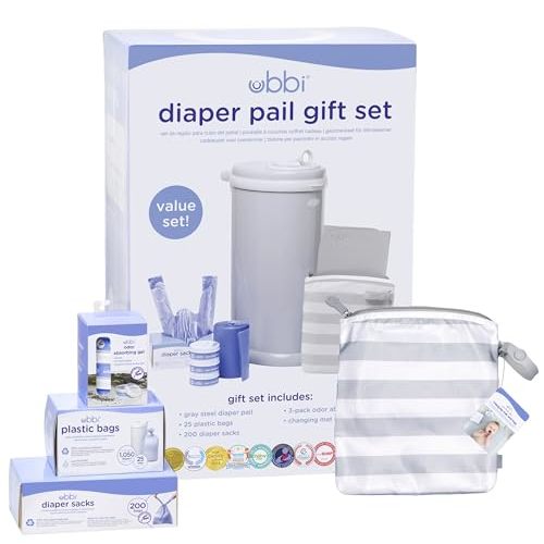 Ubbi Diaper Changing Value Gift Set, Baby Registry Gift, Includes Gray Diaper Pail, Absorbing Gels, Travel Changing Mat & Bag, Diaper Pail Waste Bags and On-the-Go Waste Sacks