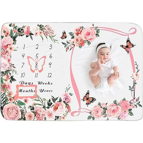 Chumia Baby Monthly Milestone Blanket for Baby Girl 59"x39" Floral Butterfly Photo Prop Age Milestone Blanket with 2 Felt Floral Wreath Frame(Pink)