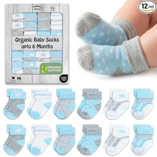 Mother's Choice Organic Cotton Baby Socks 0-6 Months - 12 pairs Unisex, Warm Infant Socks, Soft Neutral Boy & Girl Socks, Gentle Newborn Socks, Baby Gift, Ideal for Daily Comfort for Baby