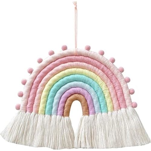 Large Macrame Rainbow Wall Hanging Decor Handmade Pom Pom Garland Rainbow Decor for Kids Room Girls Bedroom Baby Shower Nursery Decorations