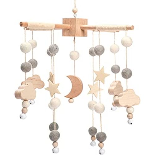 Boho Baby Crib Mobile Decor - Wooden Moon and Stars Nursery Mobiles with Cloud for Bassinet Starry Night Handmade Soft Felt Beads Hanging Wind Chime Toys Pendant for Infant Newborn Boy and Girl