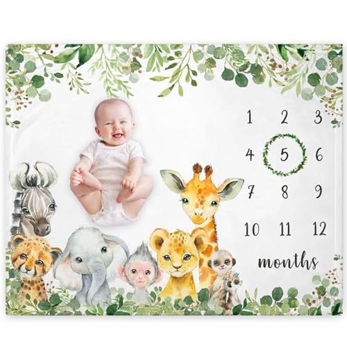 Yuzioey Safari Animals Milestone Blanket, Jungle Growth Chart Monthly Blanket, Watch Me Grow Jungle Wild Nursery for New Moms, Baby Shower(50"x40")