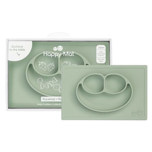 ezpz Happy Mat - 24 Months+ (Sage) - 100% Silicone Suction Plate with Built-in Placemat for Toddlers + Preschoolers - Divided Toddler Plates - Toddler Essentials