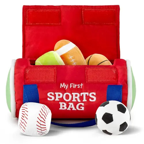 Kidaddle Baby's First Sports Bag: Plush Sensory Balls for Baby, Toddler Sports Bag with Rattling Football, Squeaky Soccer Ball, Crinkle Baseball Toy and More!