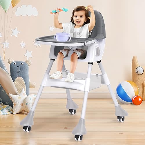 ANSSO Baby High Chair, 6 in 1 Convertible High Chairs for Babies and Toddlers, Portable Foldable High Chair with Double Removable Tray, Adjustable Height & Recline, Locking Wheels (Gray)