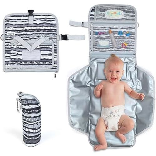 Portable Changing Pad with Innovative Diaper Bag Dispenser, 3X Disposable Diaper Bags, Privacy Screen, and Diapers Clutch - Waterproof Baby Changing Pad with Wipes Pocket