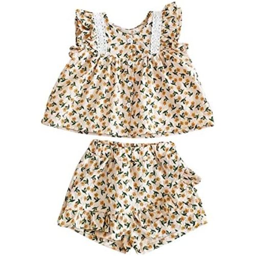 HOOLCHEAN Baby Girls Ruffle Summer Outfits Floral Flutter Sleeves Top Shirt Shorts 2pcs Set Clothing