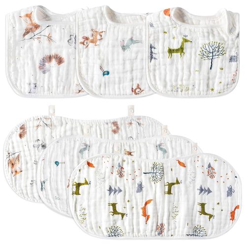 Zainpe 6Pcs Snap Cotton Muslin Baby Burp Cloths & Bibs Set Soft Absorbent Drooling Bibs Adjustable Face Towels