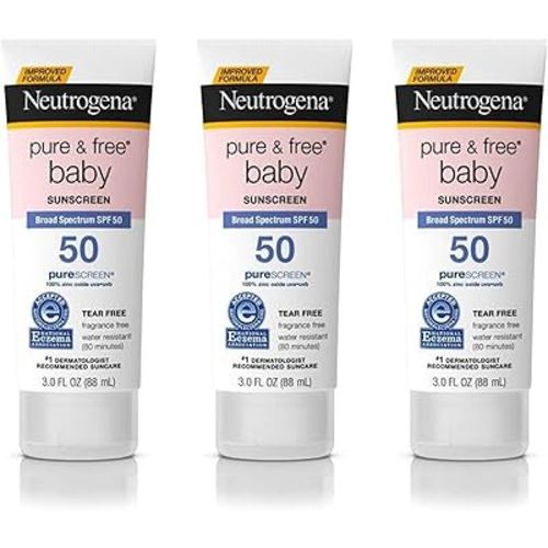 Neutrogena Pure & Free Baby Mineral Sunscreen Lotion with Broad Spectrum SPF 50 & Zinc Oxide, Water-Resistant, Hypoallergenic & Tear-Free Baby Sunscreen, Paraben-Free, Dye-Free, 3 fl. oz (Pack of 3)