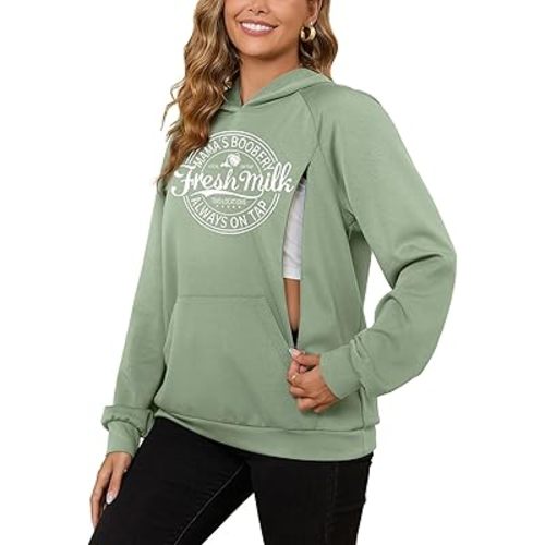 Bhome Nursing Sweatshirt Hoodie for Breastfeeding with Hidden Zippers Maternity Breast Pumping Tops Kangaroo Pocket