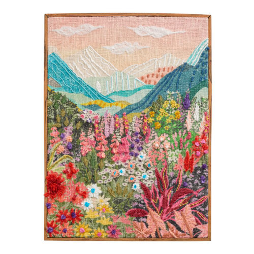 Spring Meadow Landscape Embroidered Textile Framed Wall Art