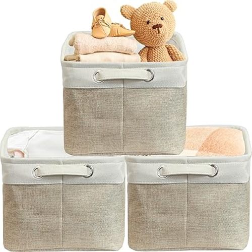 Simple Houseware 14.4" x 10" Fabric Storage Bin with Handles, 3-Pack, Foldable Organizer for Closet and Shelf, Beige