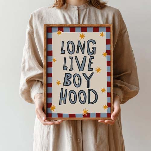 Long Live Boyhood Poster - Red and Blue Striped Kids Room Decor (Digital Download)