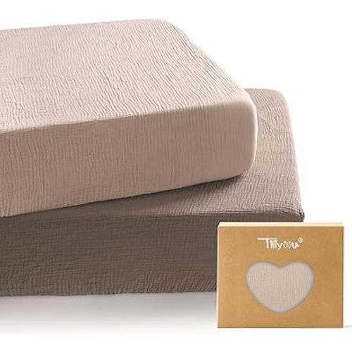 TILLYOU 2 Pack Muslin Crib Sheets for Boys and Girls, 100% Cotton Fitted Crib Sheet for Toddler 52x28 Standard Crib Mattress, Grey Brown and Light Brown
