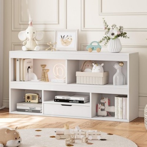 ODK Kids Bookshelf with Drawer Wooden Toy Storage Organizer Nursery Bookcase Playhouse Storage Shelves White Book Shelf for Classroom,Kids Room