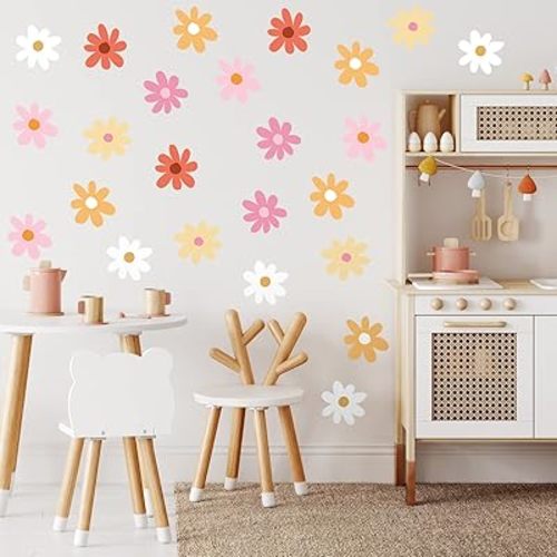 BBTO Daisy Wall Decal Flower Vinyl Wall Floral Decals Peel and Stick Daisy Stickers for Kids Nursery Art Bedroom Living Room(Pink, White, Orange)