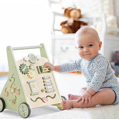 Beright Wooden Baby Walker Push and Pull Learning Activity Walker Kids’ Activity Toy Multiple Activities Center Develops Motor Skills & Stimulates Creativity(Green)